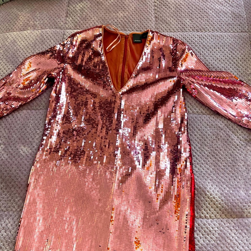 PINKO sequin midi party dress | pink red cocktail dress short leaves | V neck